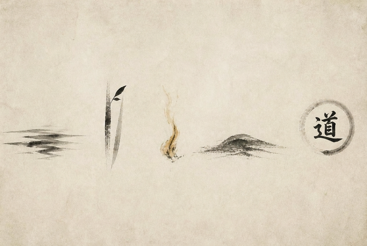 Chinese ink wash painting depicting the five elements — water, wood, fire, earth, and metal