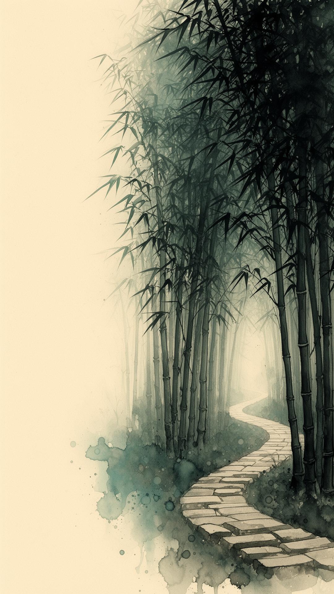Meditative Chinese ink wash painting of a bamboo forest fading into mist